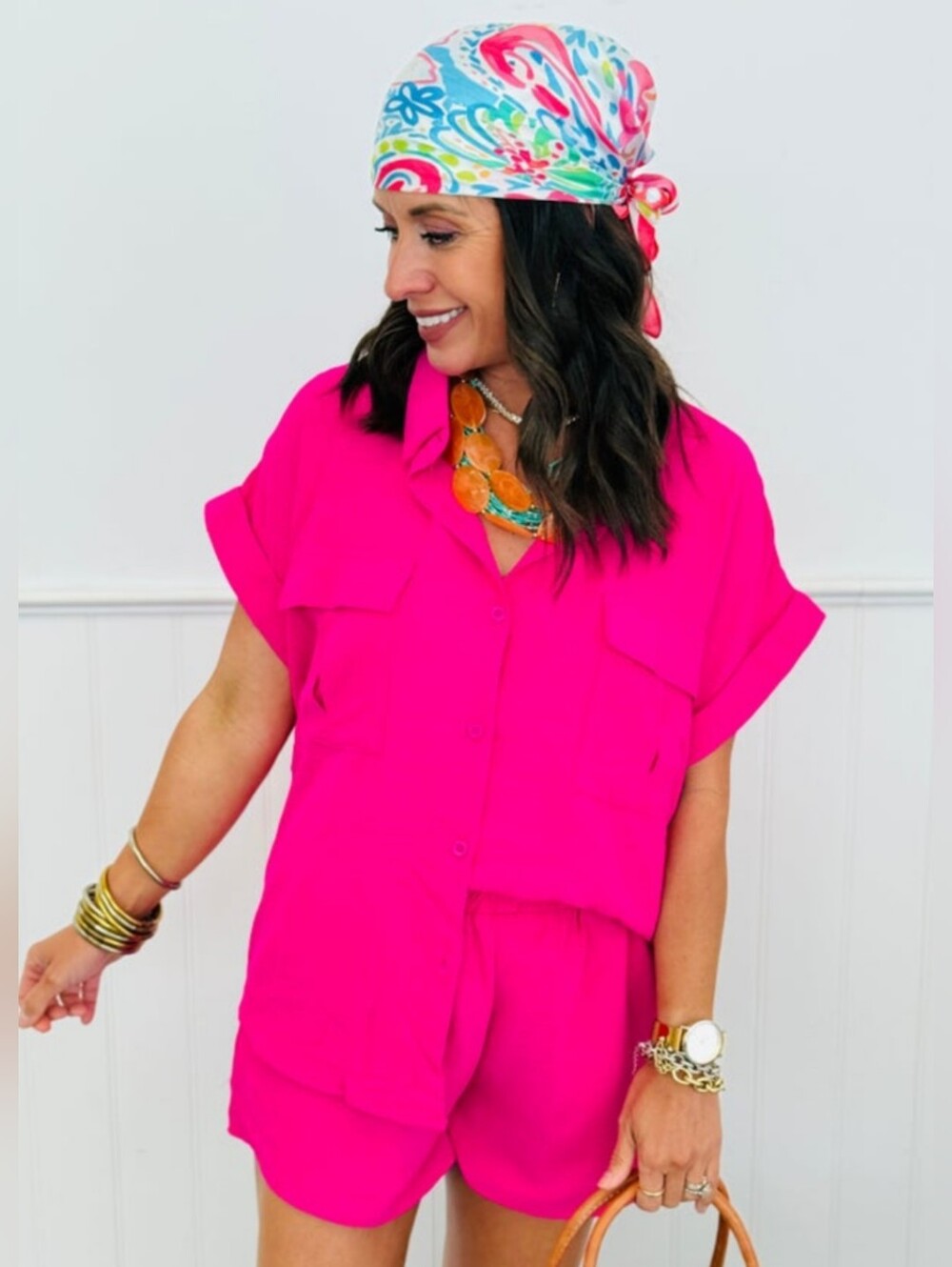 Hot Pink Two-Piece Short Set - Casual Button-Up Top & Shorts - Picture 2 of 4
